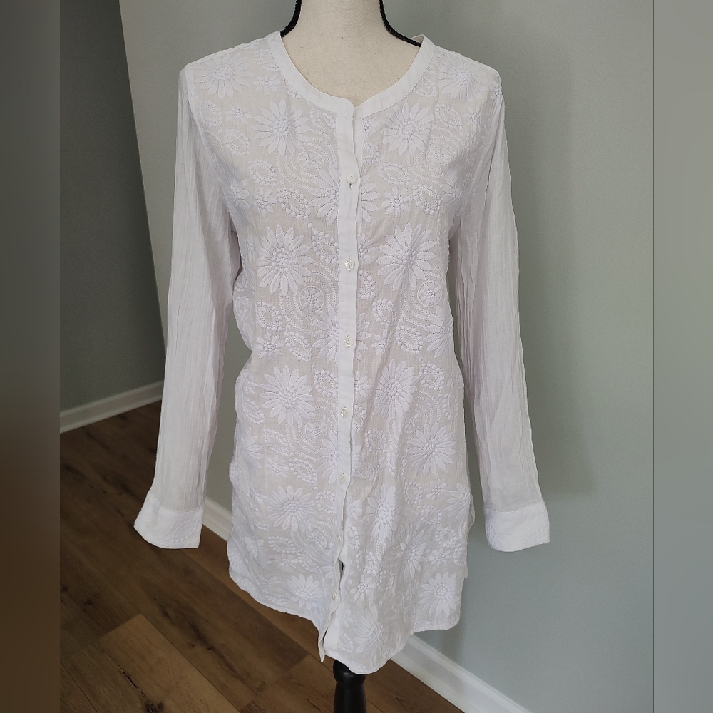 A la carte Button Down Tunic Top Beachy Boho White Embroidery Cotton L